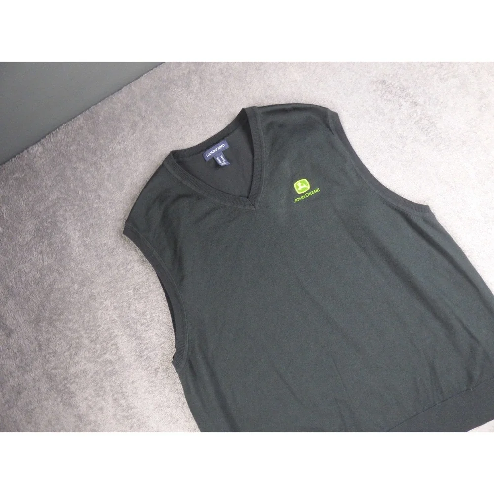 John Deere Mens XL Black V-Neck Sweater Vest Acrylic Nylon Knit Pullov Lands End